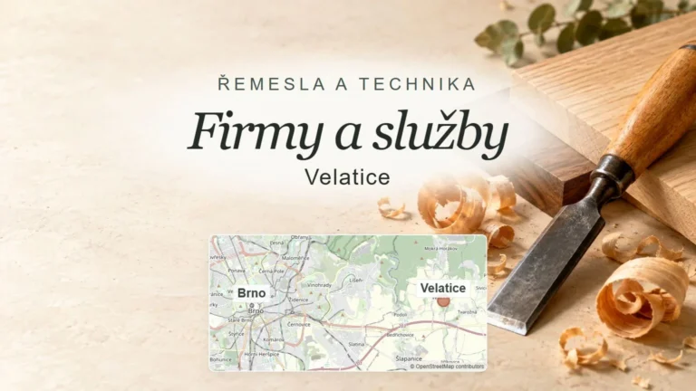 Firmy a služby, Velatice – obecný tematický motiv oboru a orientační mapa obce u Brna