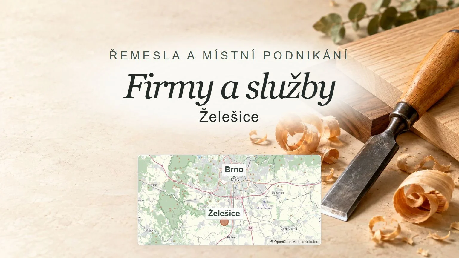 Firmy a služby, Želešice – obecný tematický motiv oboru a orientační mapa obce u Brna