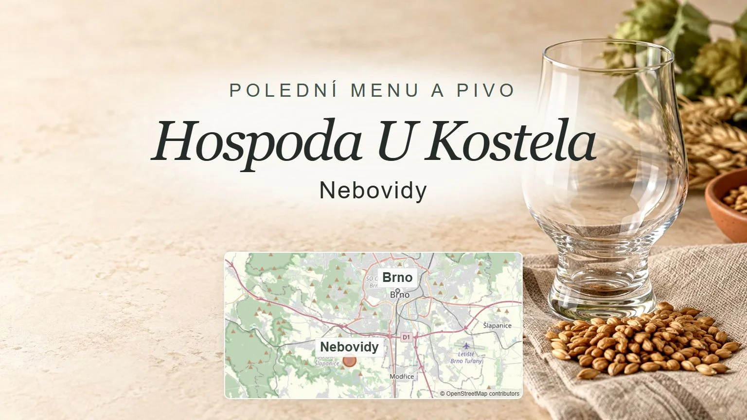 Hospoda U Kostela, Nebovidy – obecný tematický motiv oboru a orientační mapa obce u Brna
