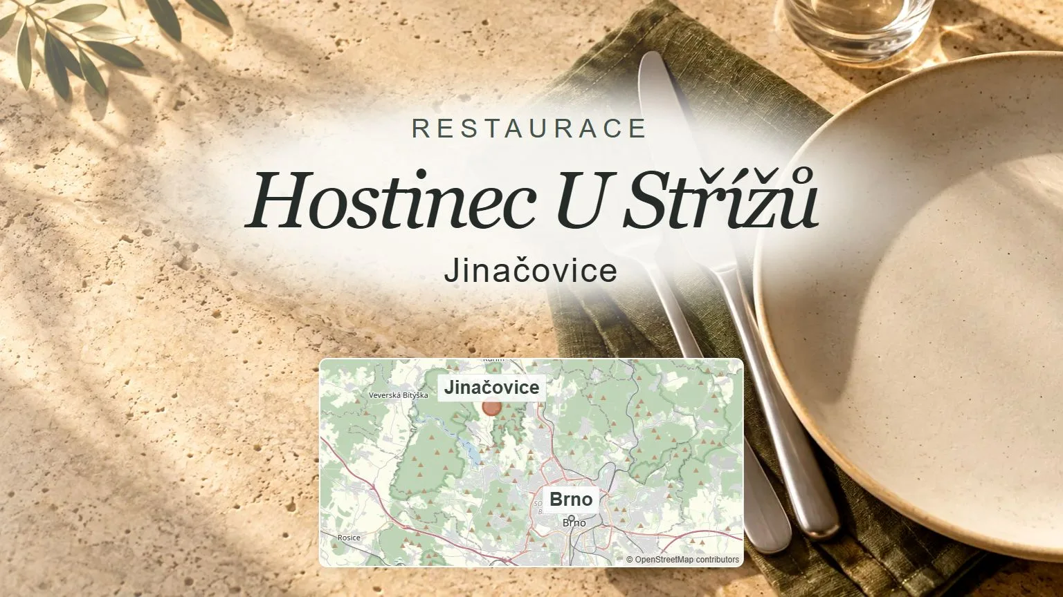 Hostinec U Střížů, Jinačovice – obecný tematický motiv oboru a orientační mapa obce u Brna