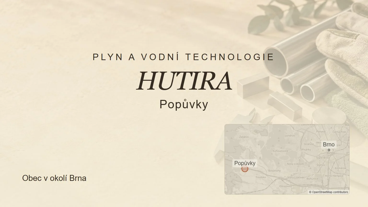 Plyn a vodní technologie HUTIRA, Popůvky – tematický náhled s orientační mapou obce u Brna