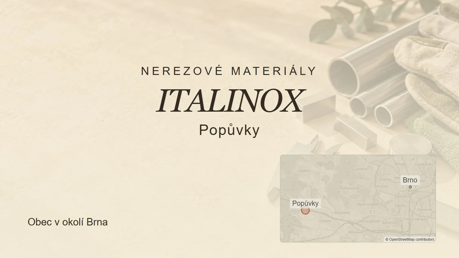 Nerezové materiály ITALINOX, Popůvky – tematický náhled s orientační mapou obce u Brna