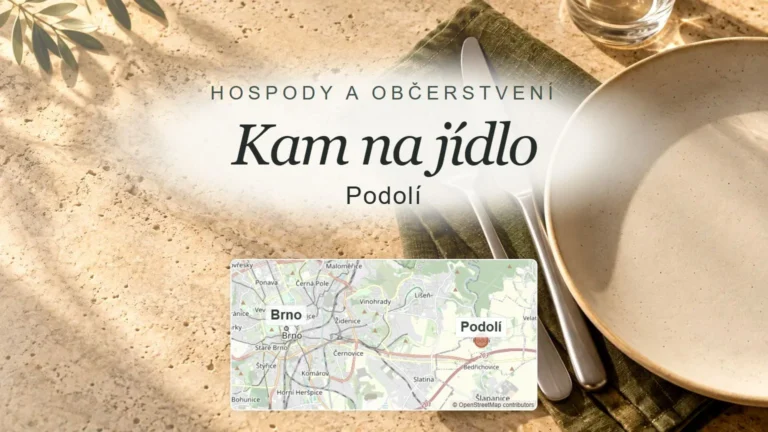 Kam na jídlo, Podolí – obecný tematický motiv oboru a orientační mapa obce u Brna