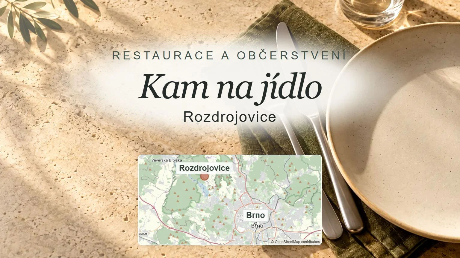 Kam na jídlo, Rozdrojovice – obecný tematický motiv oboru a orientační mapa obce u Brna