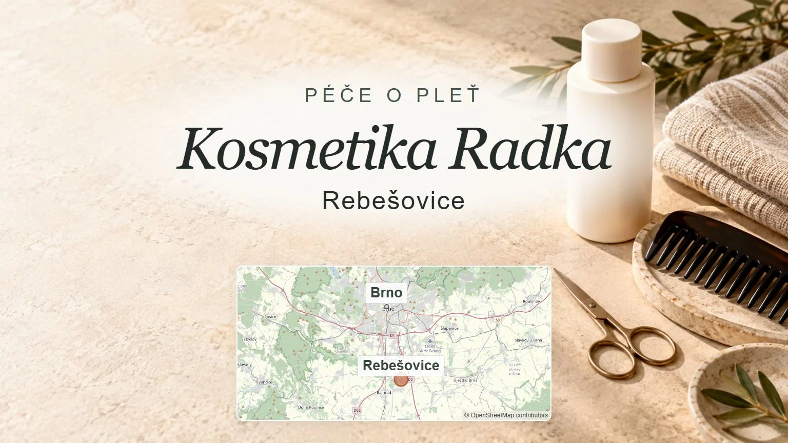 Kosmetika Radka, Rebešovice – obecný tematický motiv oboru a orientační mapa obce u Brna