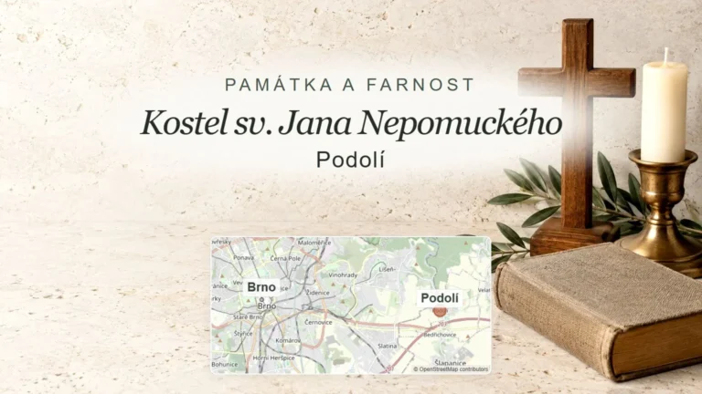 Kostel sv. Jana Nepomuckého, Podolí – obecný tematický motiv oboru a orientační mapa obce u Brna