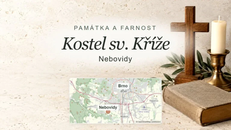 Kostel sv. Kříže, Nebovidy – obecný tematický motiv oboru a orientační mapa obce u Brna