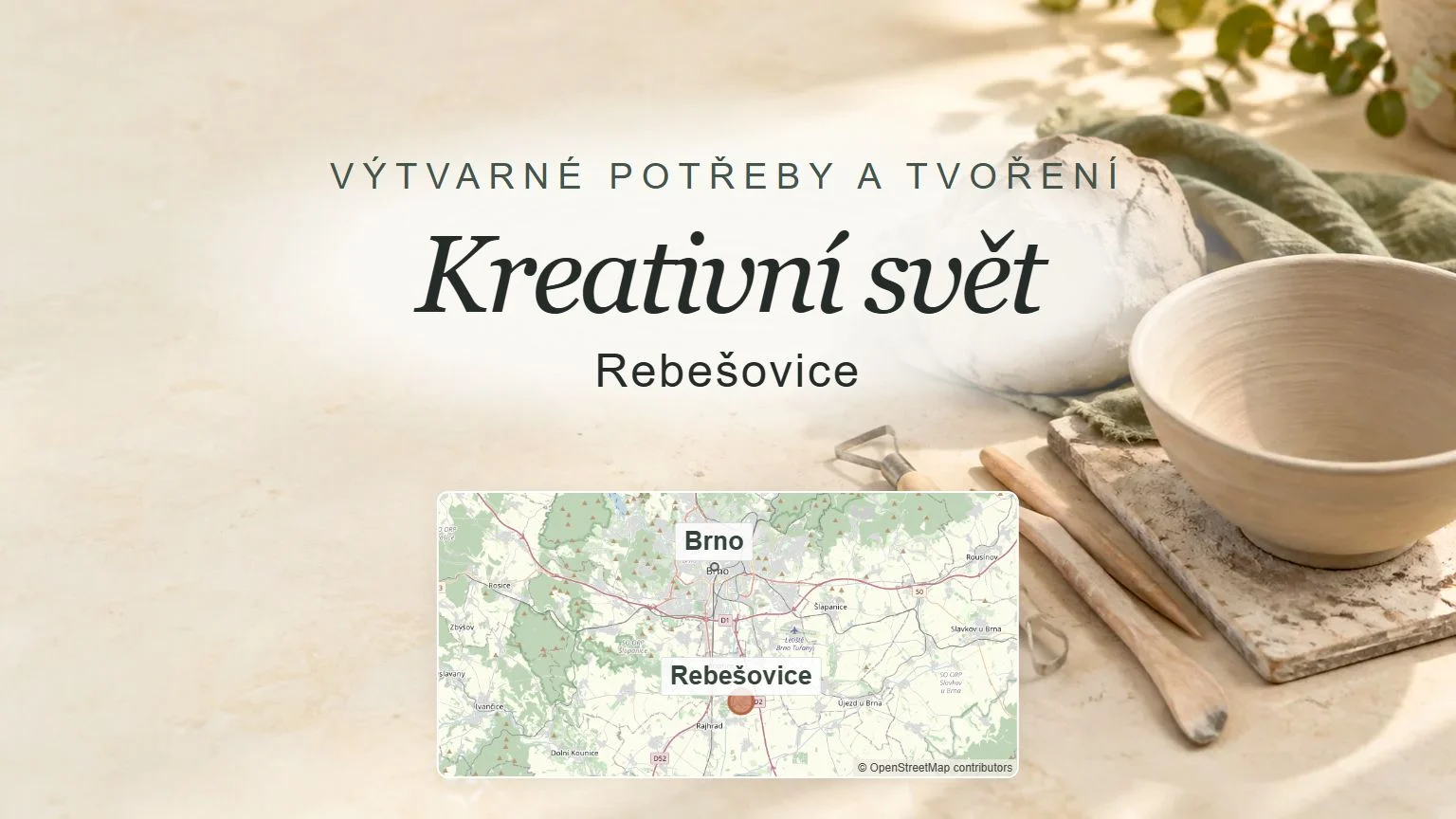 Kreativní svět, Rebešovice – obecný tematický motiv oboru a orientační mapa obce u Brna