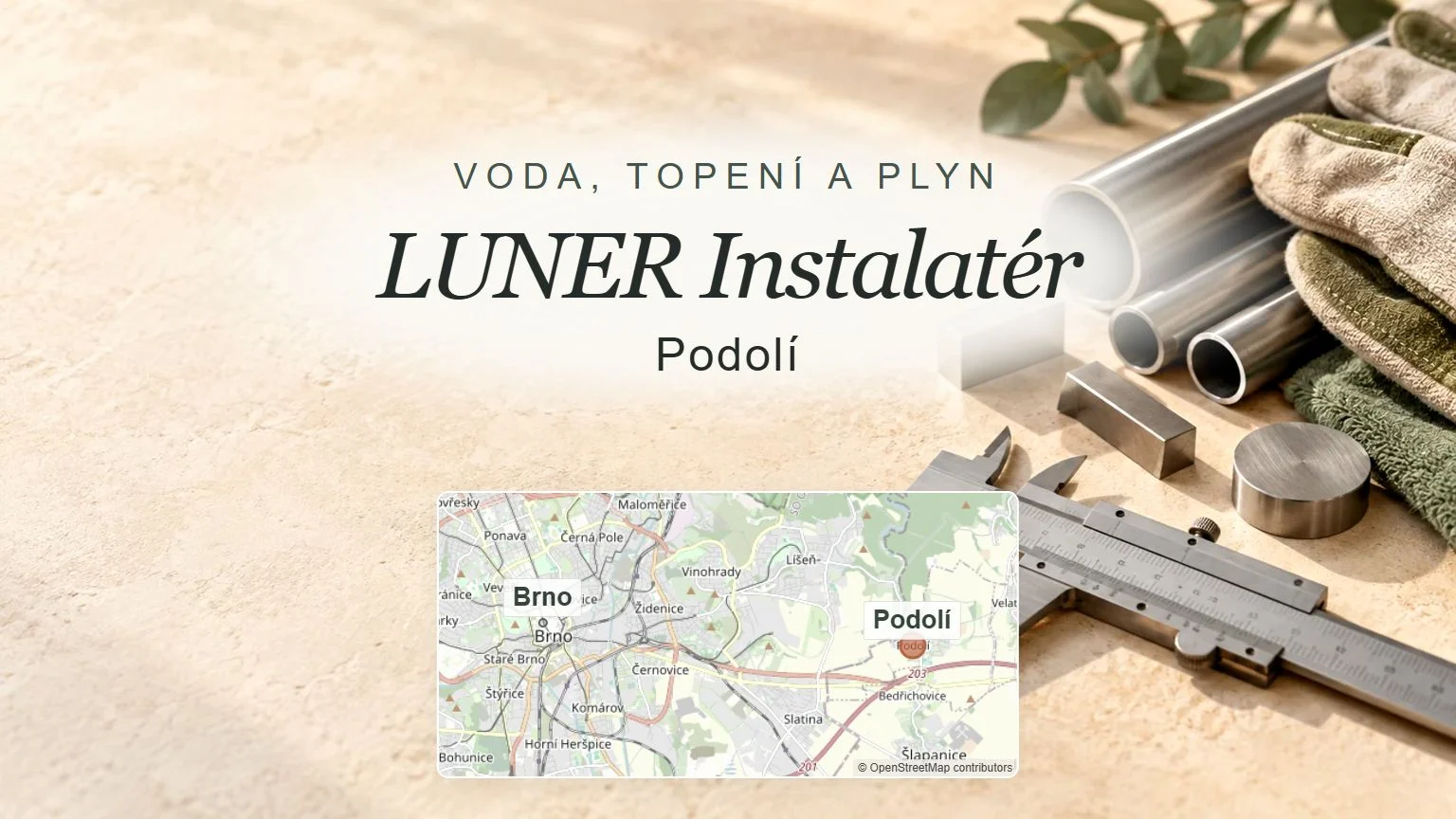 Voda, topení a plyn LUNER Instalatér, Podolí – tematický náhled s orientační mapou obce u Brna