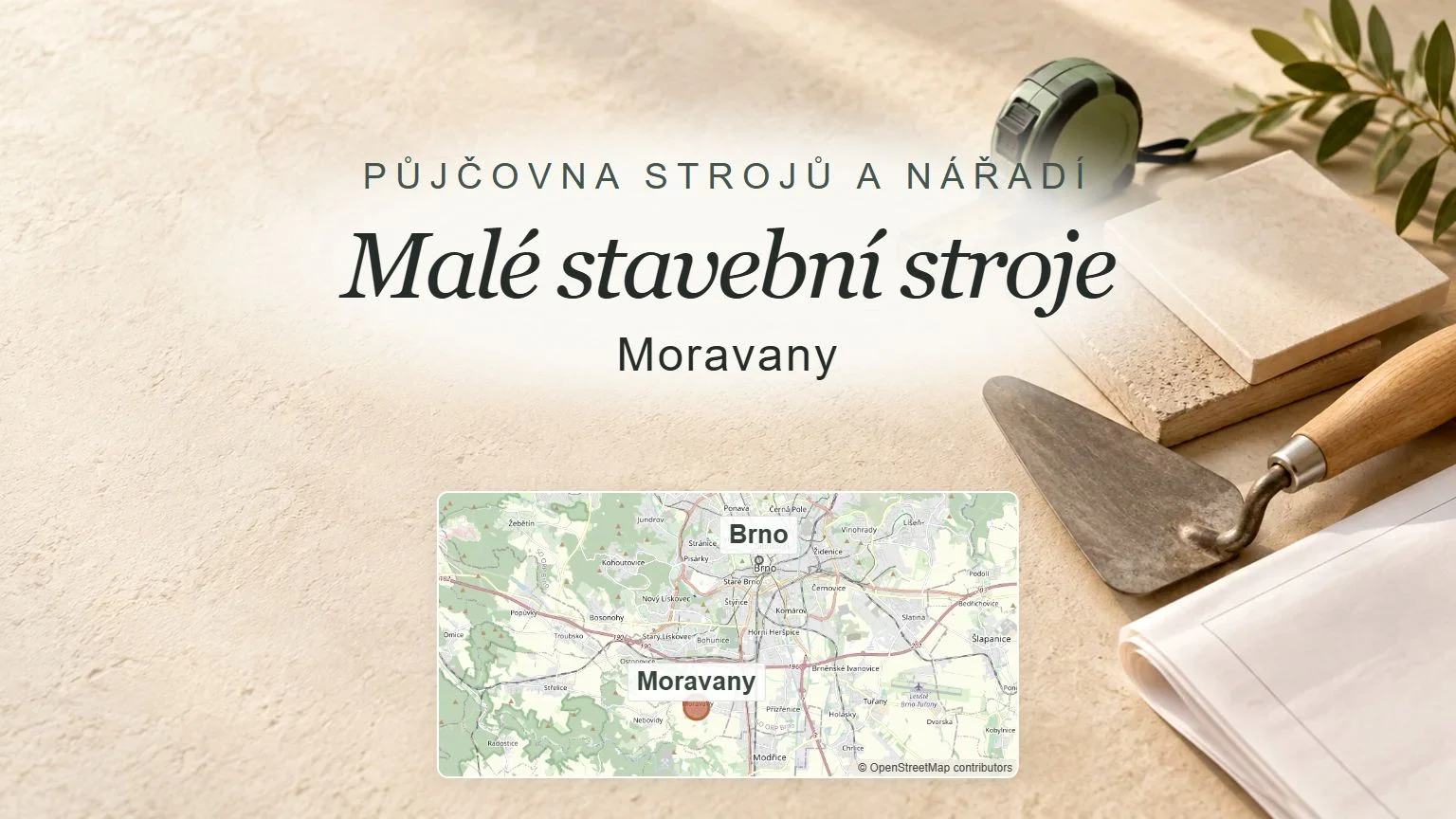 Malé stavební stroje, Moravany – obecný tematický motiv oboru a orientační mapa obce u Brna