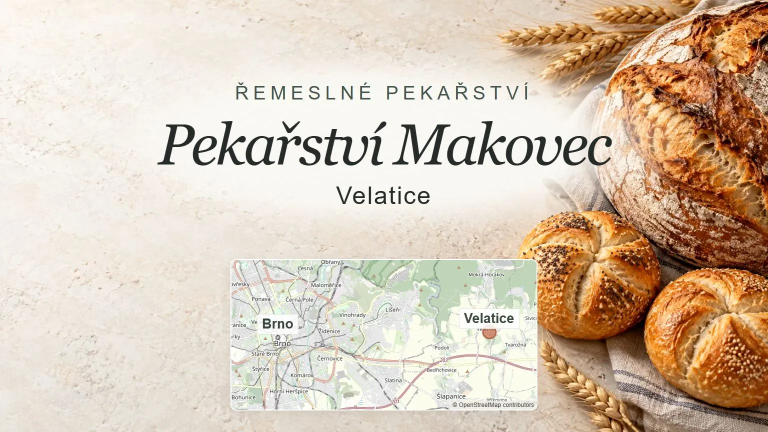 Pekařství Makovec, Velatice – obecný tematický motiv oboru a orientační mapa obce u Brna