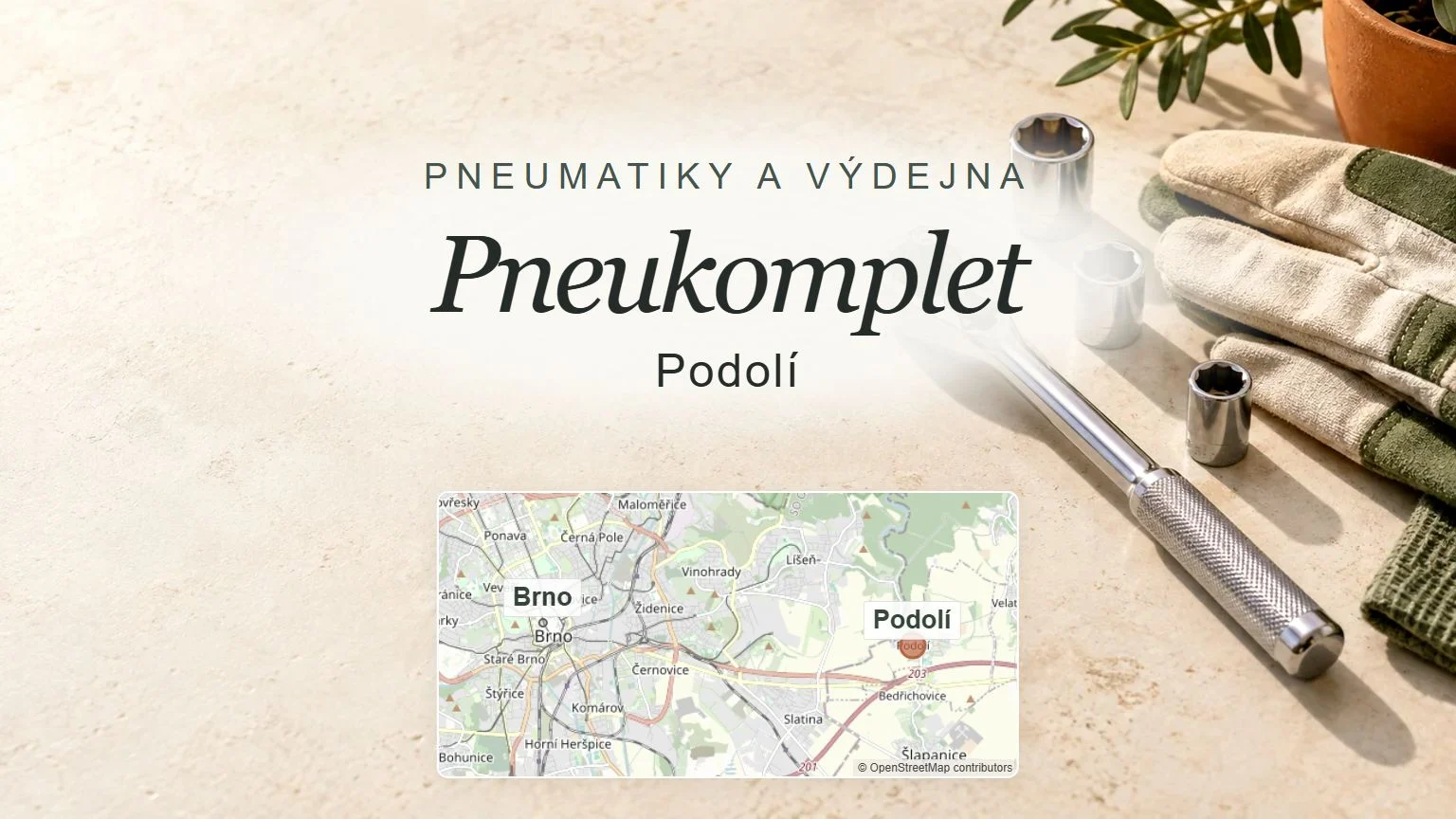 Pneumatiky a výdejna Pneukomplet, Podolí – tematický náhled s orientační mapou obce u Brna