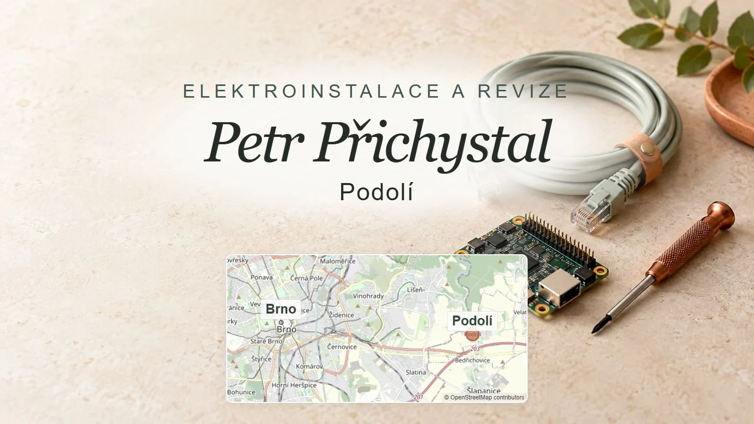 Elektroinstalace a revize Petr Přichystal, Podolí – tematický náhled s orientační mapou obce u Brna