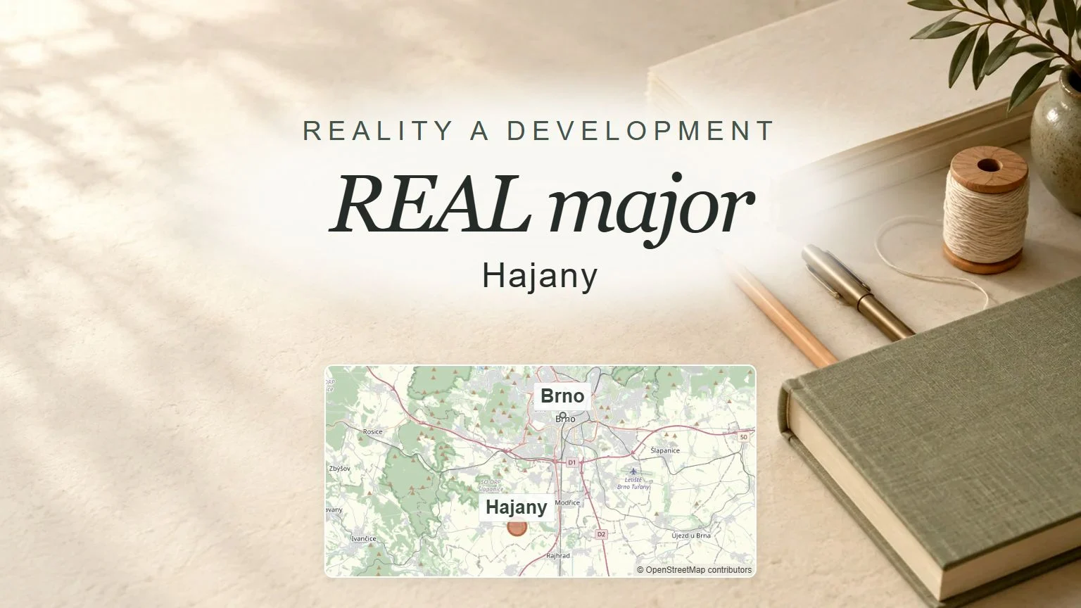 REAL major, Hajany – obecný tematický motiv oboru a orientační mapa obce u Brna