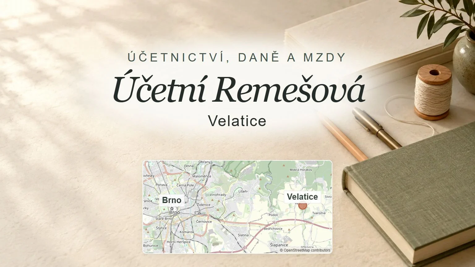 Účetní Remešová, Velatice – obecný tematický motiv oboru a orientační mapa obce u Brna