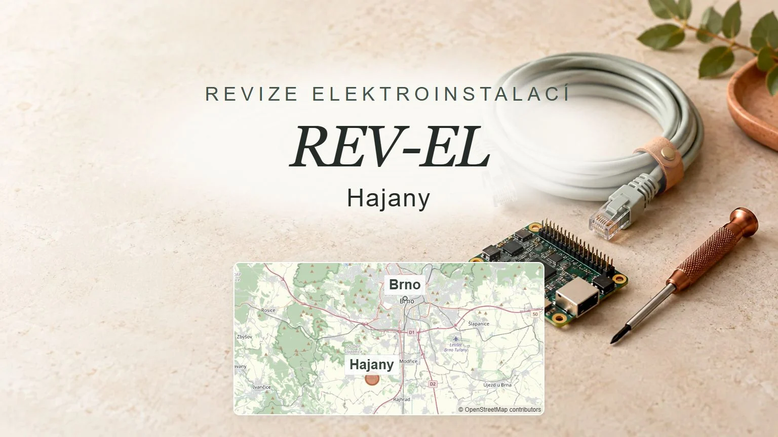 REV-EL, Hajany – obecný tematický motiv oboru a orientační mapa obce u Brna