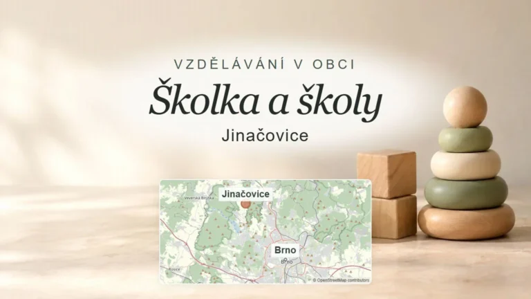Školka a školy, Jinačovice – obecný tematický motiv oboru a orientační mapa obce u Brna