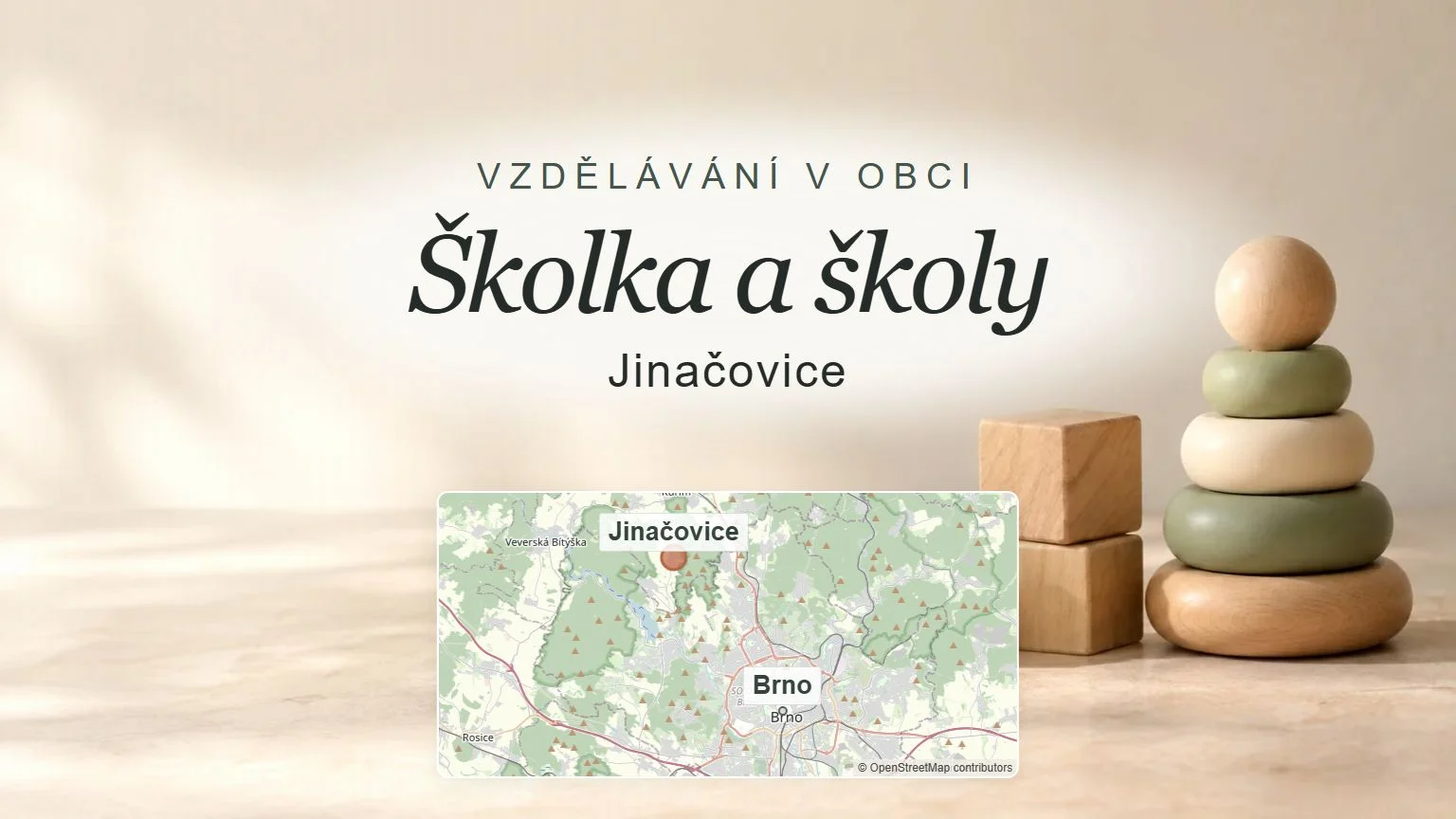 Školka a školy, Jinačovice – obecný tematický motiv oboru a orientační mapa obce u Brna