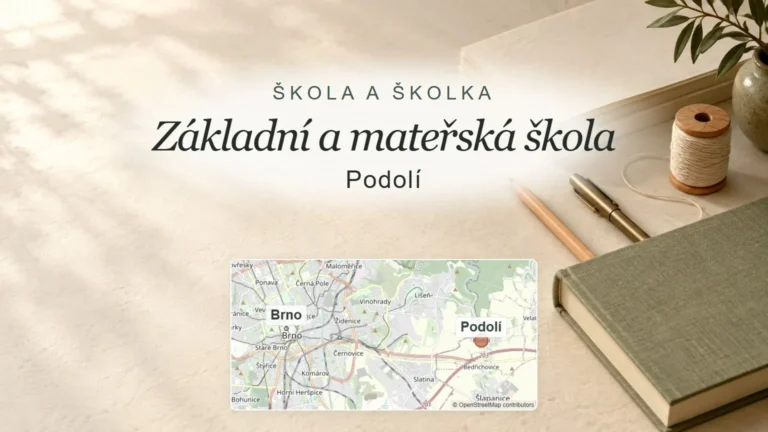 Základní a mateřská škola, Podolí – obecný tematický motiv oboru a orientační mapa obce u Brna