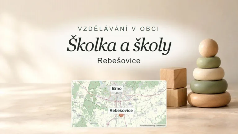 Školka a školy, Rebešovice – obecný tematický motiv oboru a orientační mapa obce u Brna