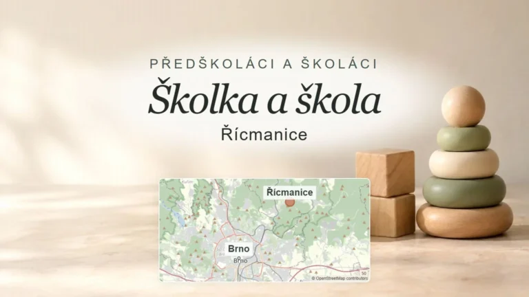 Školka a škola, Řícmanice – obecný tematický motiv oboru a orientační mapa obce u Brna