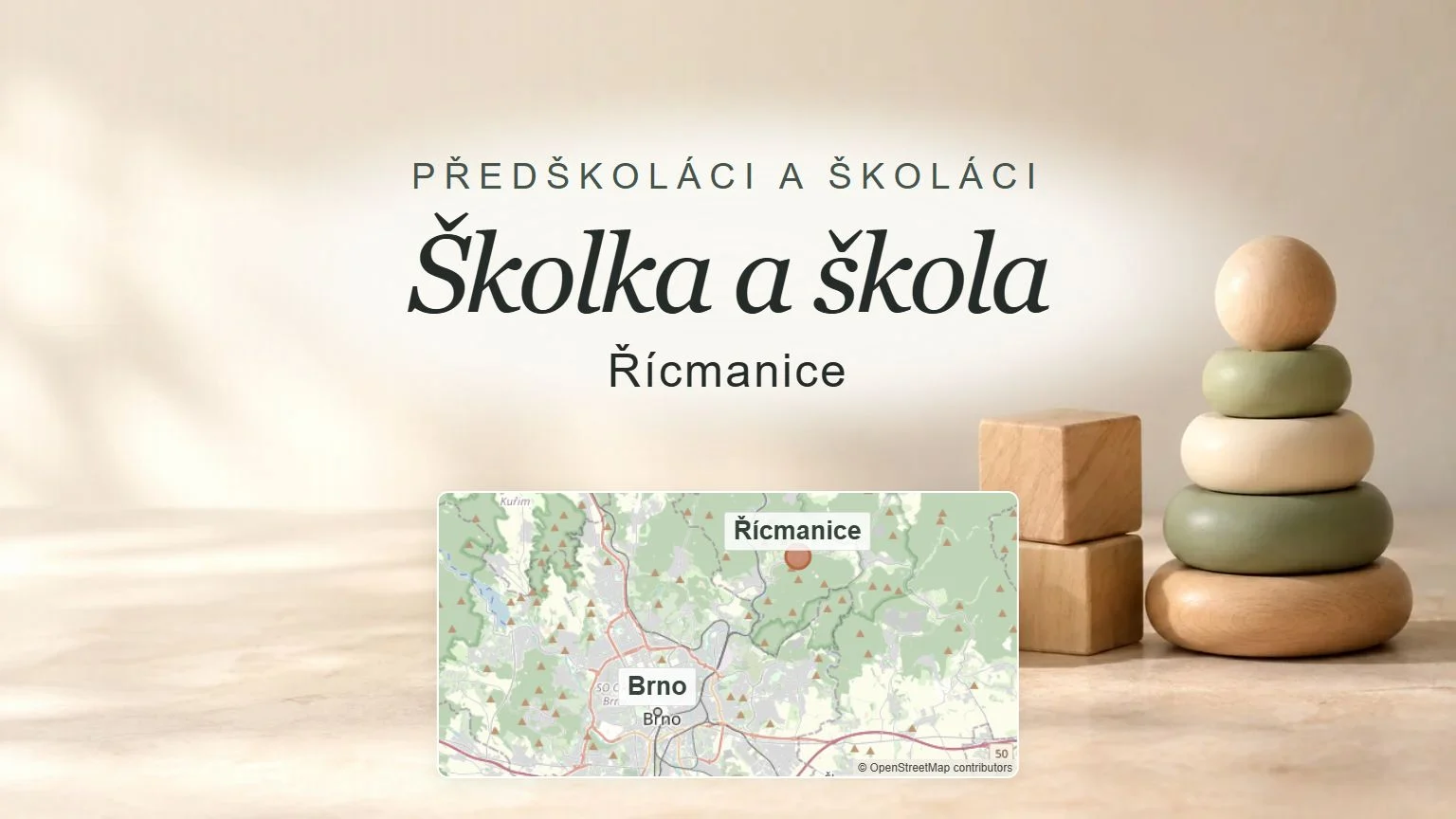 Školka a škola, Řícmanice – obecný tematický motiv oboru a orientační mapa obce u Brna