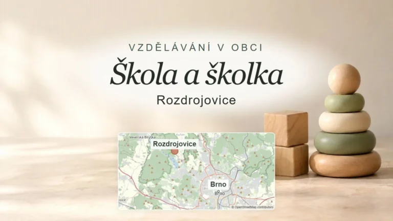 Škola a školka, Rozdrojovice – obecný tematický motiv oboru a orientační mapa obce u Brna
