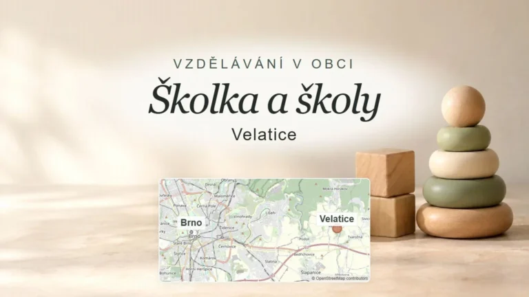 Školka a školy, Velatice – obecný tematický motiv oboru a orientační mapa obce u Brna