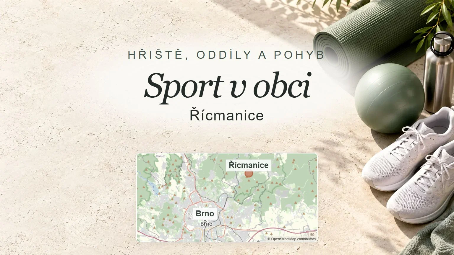 Sport v obci, Řícmanice – obecný tematický motiv oboru a orientační mapa obce u Brna