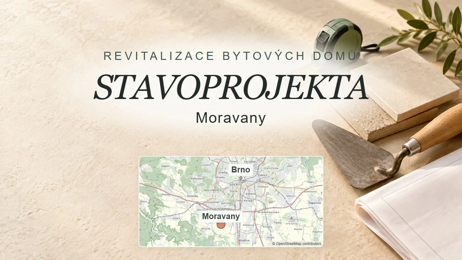 STAVOPROJEKTA, Moravany – obecný tematický motiv oboru a orientační mapa obce u Brna