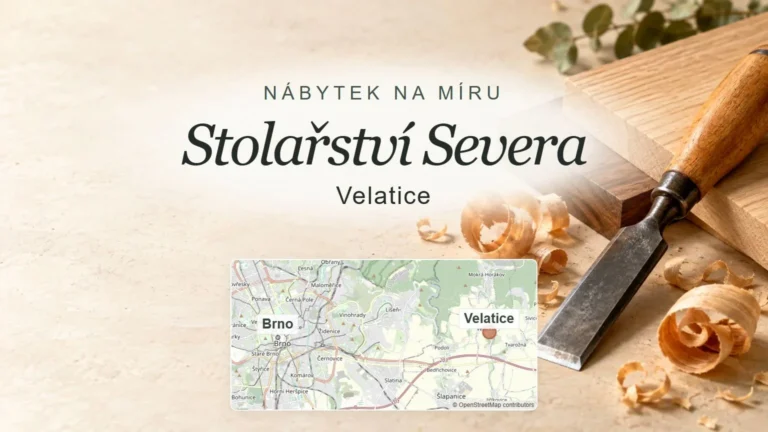 Stolařství Severa, Velatice – obecný tematický motiv oboru a orientační mapa obce u Brna