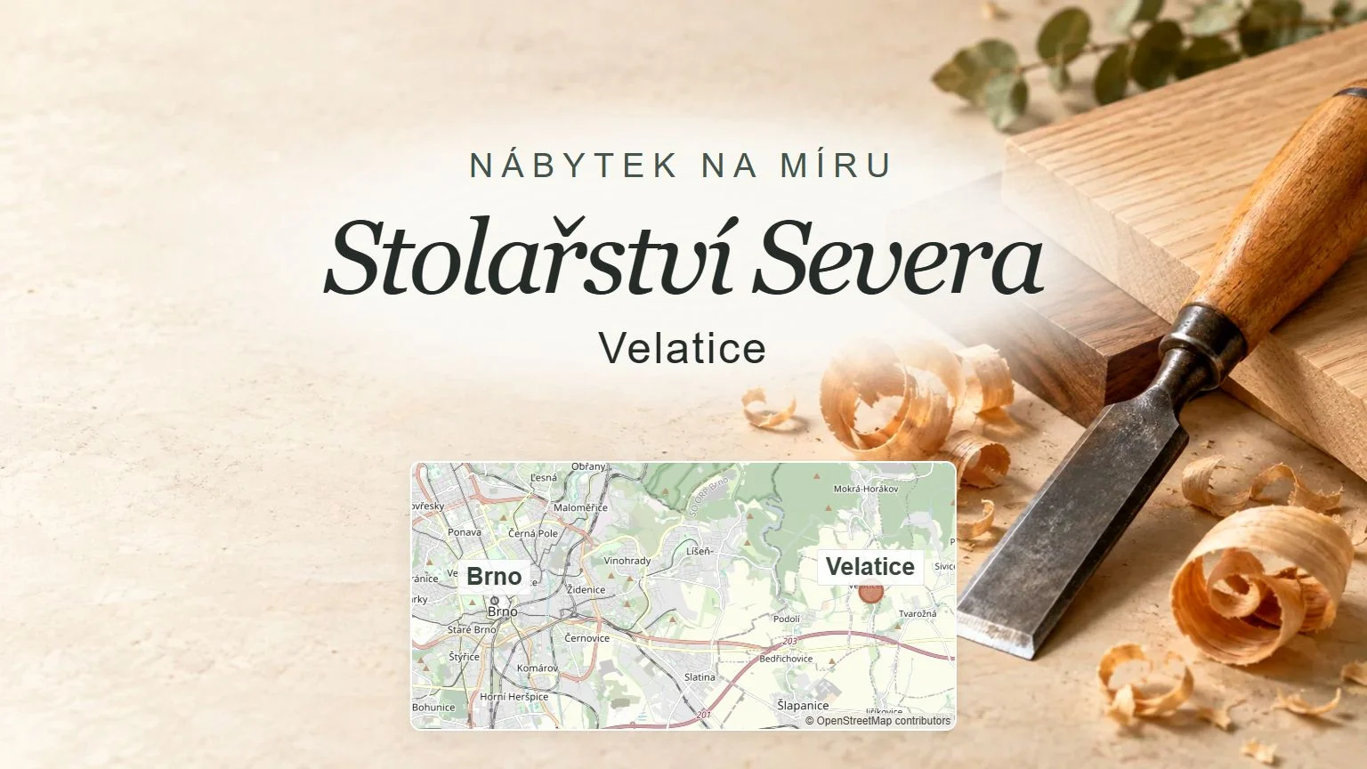 Stolařství Severa, Velatice – obecný tematický motiv oboru a orientační mapa obce u Brna