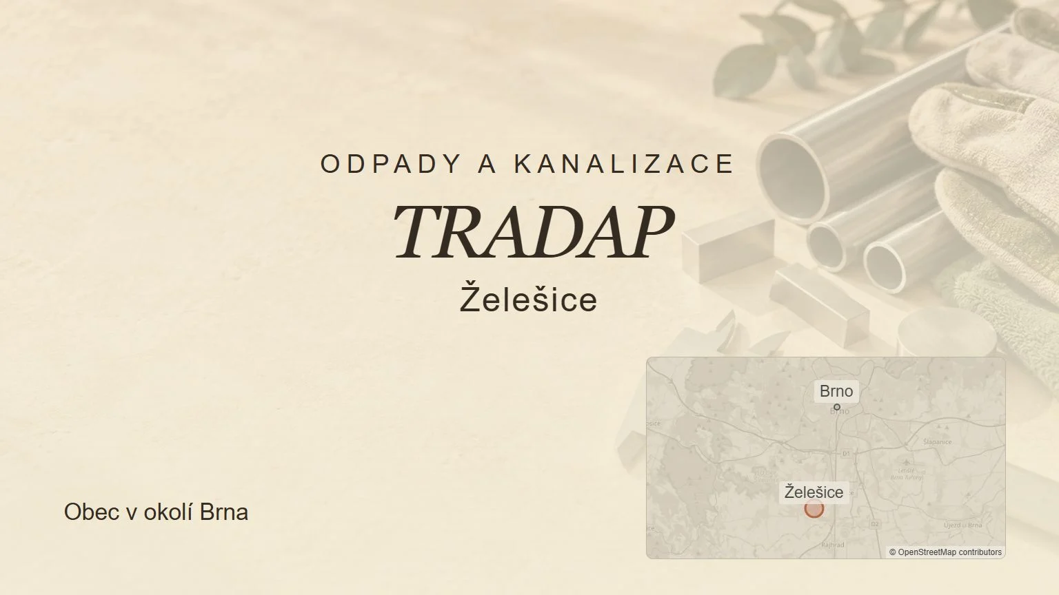 Odpady a kanalizace TRADAP, Želešice – tematický náhled s orientační mapou obce u Brna