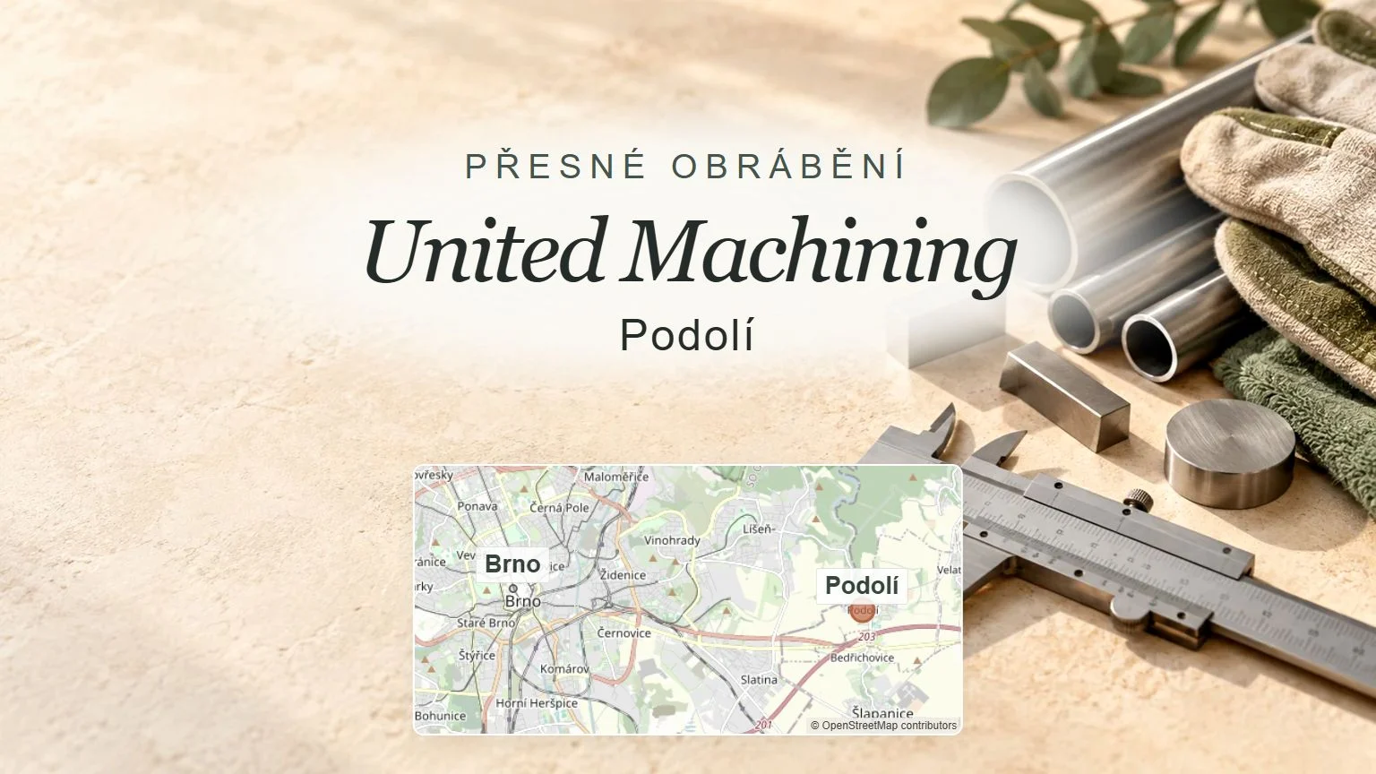 Přesné obrábění United Machining, Podolí – tematický náhled s orientační mapou obce u Brna