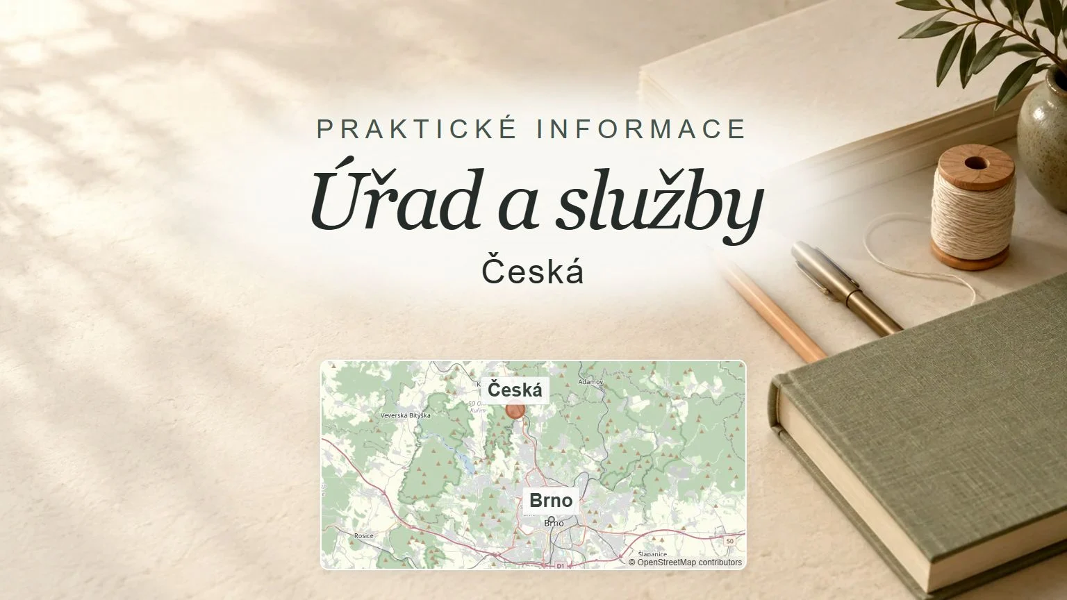 Úřad a služby, Česká – obecný tematický motiv oboru a orientační mapa obce u Brna