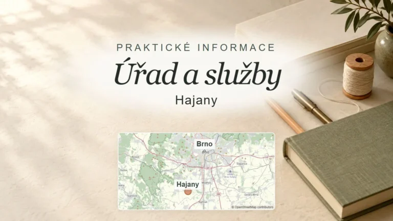 Úřad a služby, Hajany – obecný tematický motiv oboru a orientační mapa obce u Brna