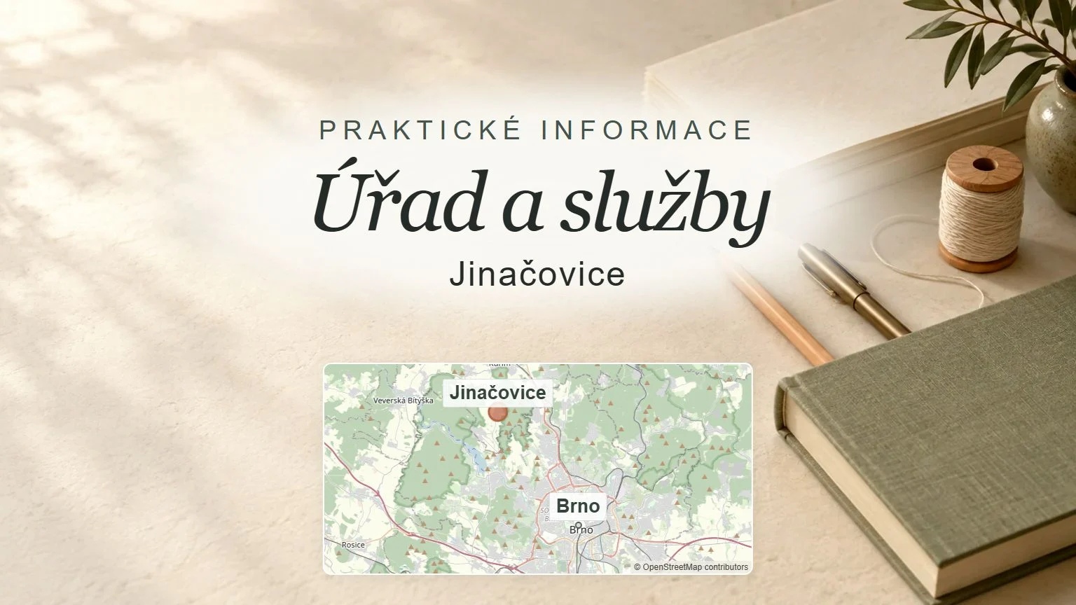 Úřad a služby, Jinačovice – obecný tematický motiv oboru a orientační mapa obce u Brna