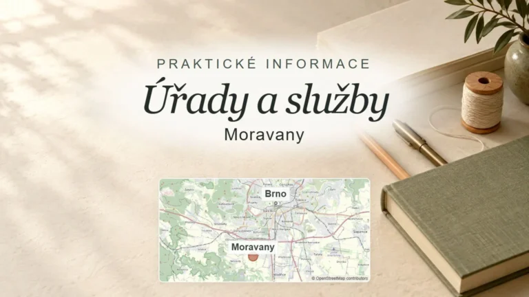 Úřady a služby, Moravany – obecný tematický motiv oboru a orientační mapa obce u Brna