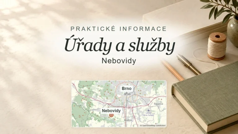 Úřady a služby, Nebovidy – obecný tematický motiv oboru a orientační mapa obce u Brna