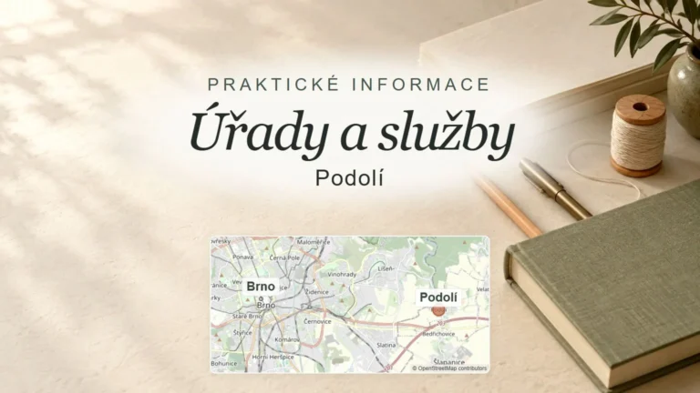 Úřady a služby, Podolí – obecný tematický motiv oboru a orientační mapa obce u Brna