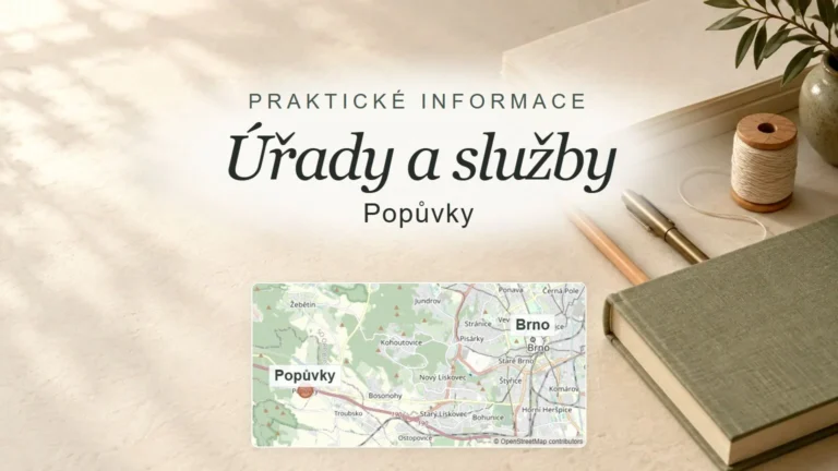 Úřady a služby, Popůvky – obecný tematický motiv oboru a orientační mapa obce u Brna