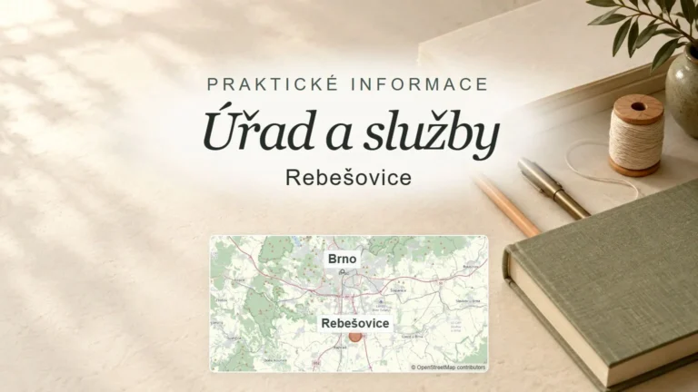 Úřad a služby, Rebešovice – obecný tematický motiv oboru a orientační mapa obce u Brna