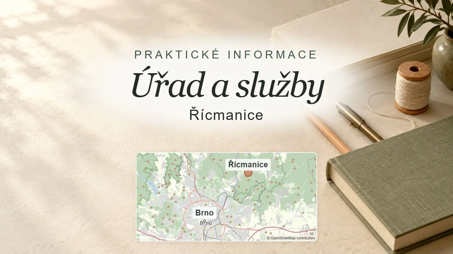 Úřad a služby, Řícmanice – obecný tematický motiv oboru a orientační mapa obce u Brna