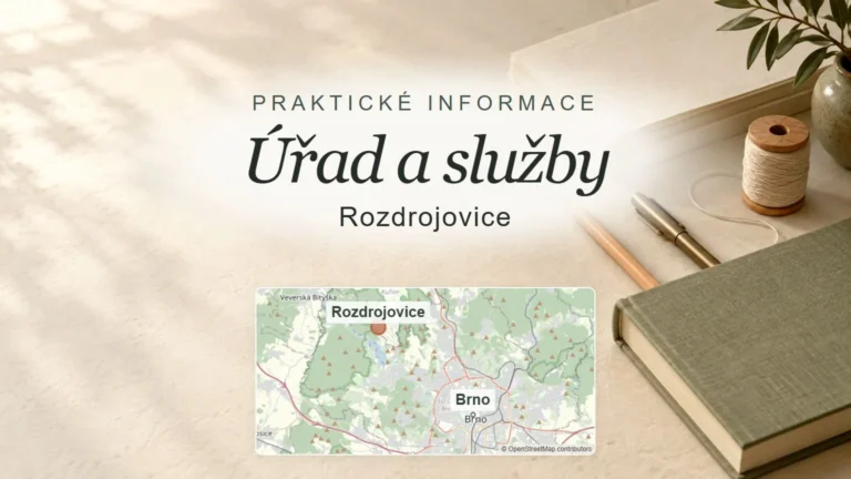 Úřad a služby, Rozdrojovice – obecný tematický motiv oboru a orientační mapa obce u Brna