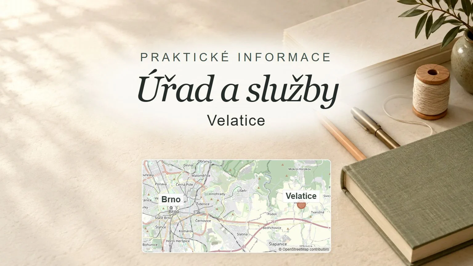 Úřad a služby, Velatice – obecný tematický motiv oboru a orientační mapa obce u Brna