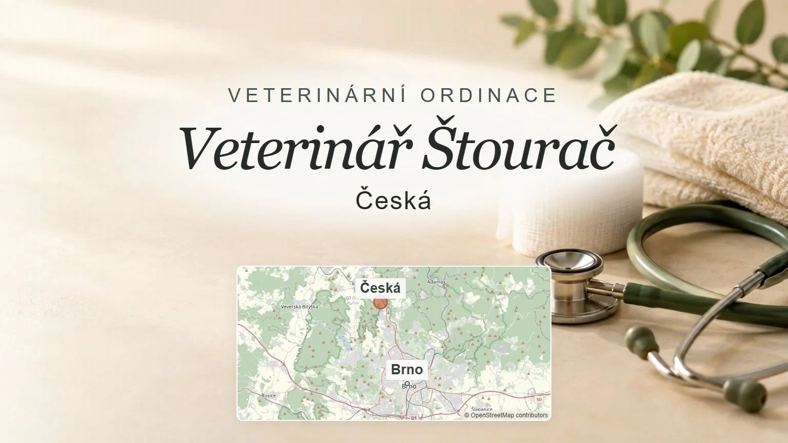 Veterinář Štourač, Česká – obecný tematický motiv oboru a orientační mapa obce u Brna