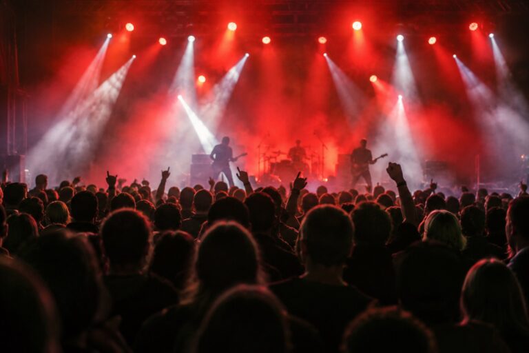 Ilustrační atmosféra rockového koncertu se světly a siluetami publika