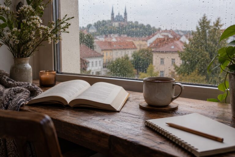 Ilustrační kniha, čaj a zápisník u okna s kapkami deště