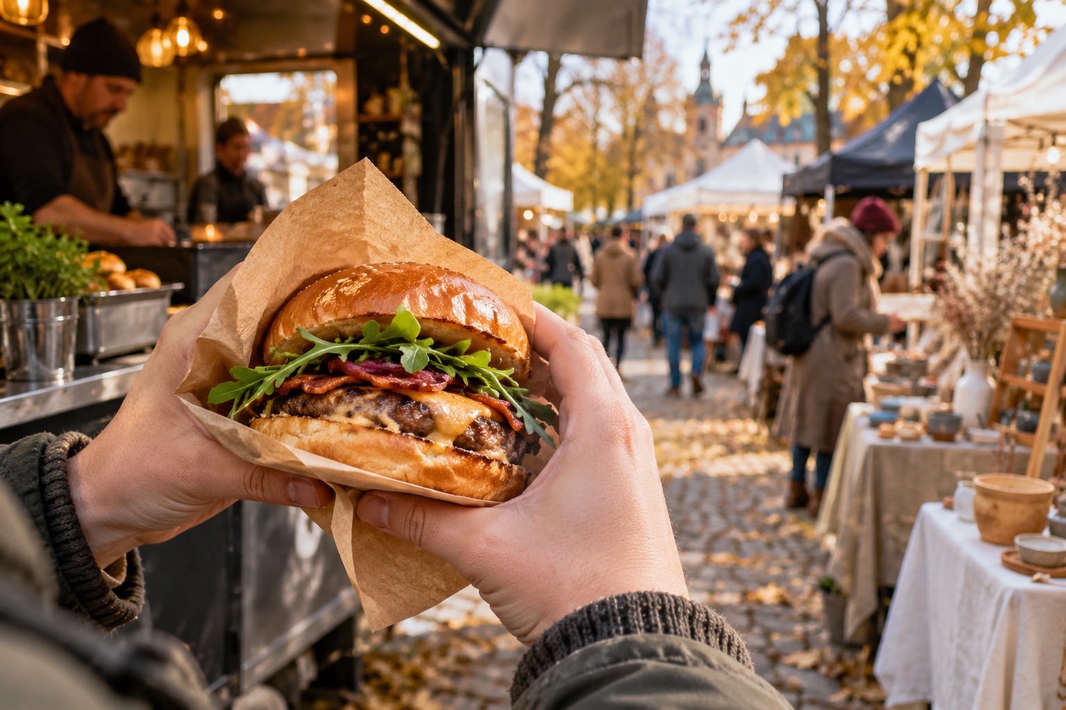 Ilustrační burger u venkovního stánku s designovým trhem v pozadí