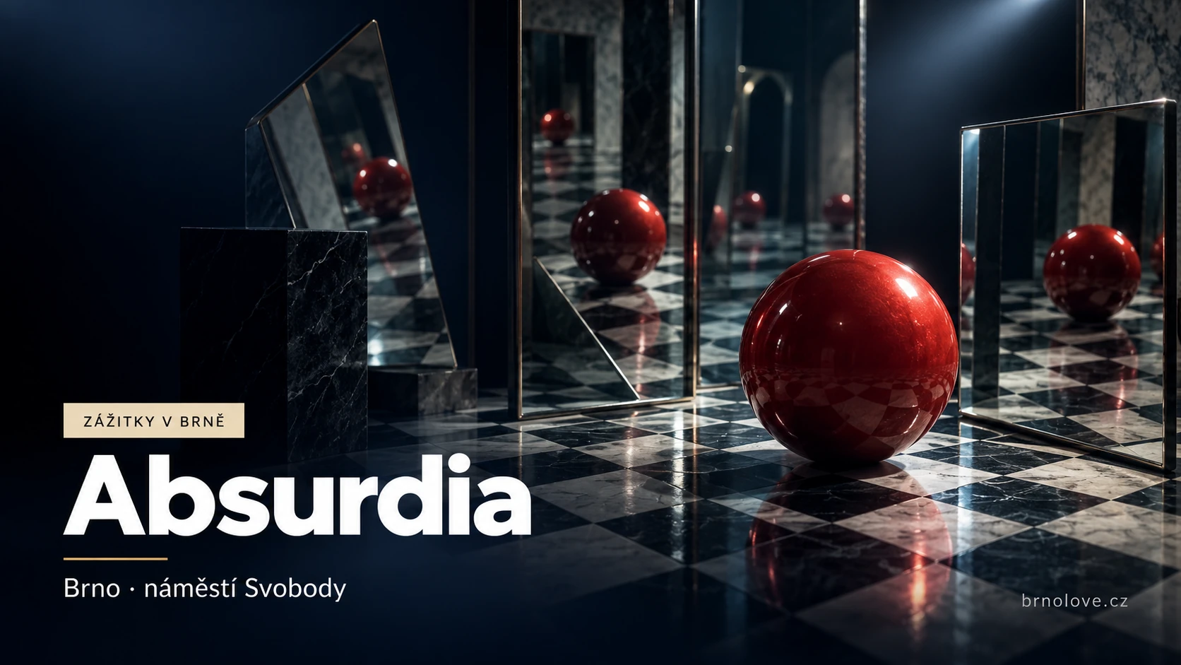 Ilustrační optická scéna se zrcadly a červenou koulí – Absurdia, Brno